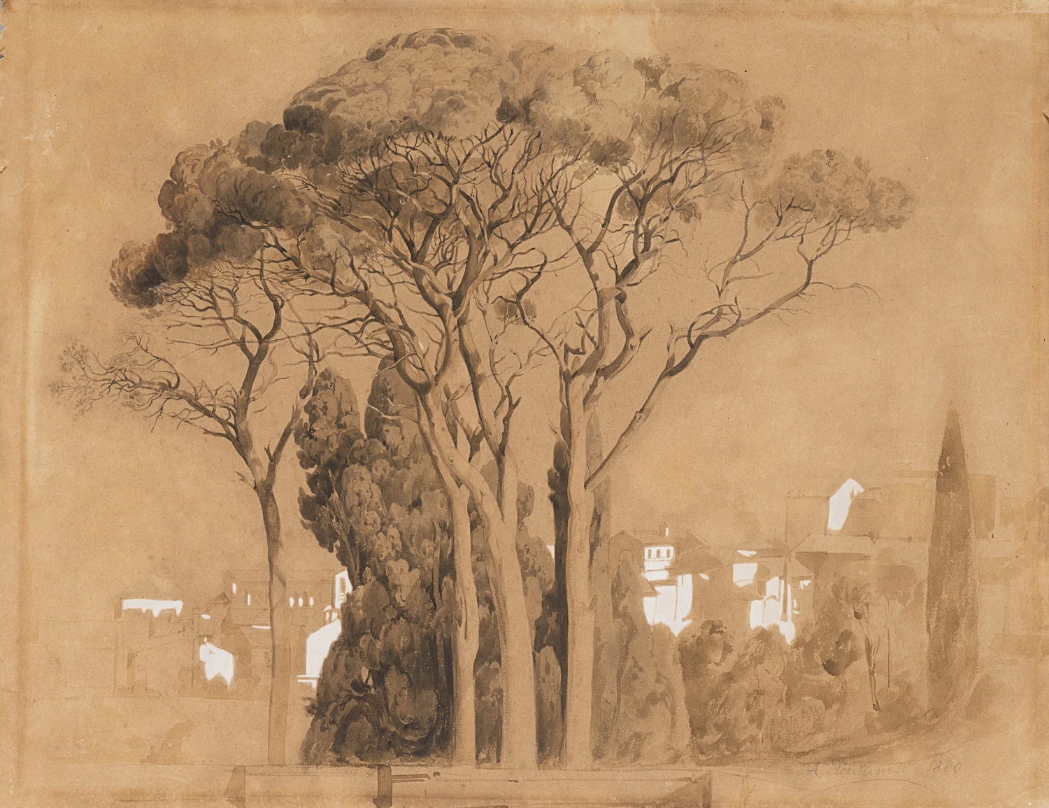 Paesaggio con alberi in primo piano, 1880